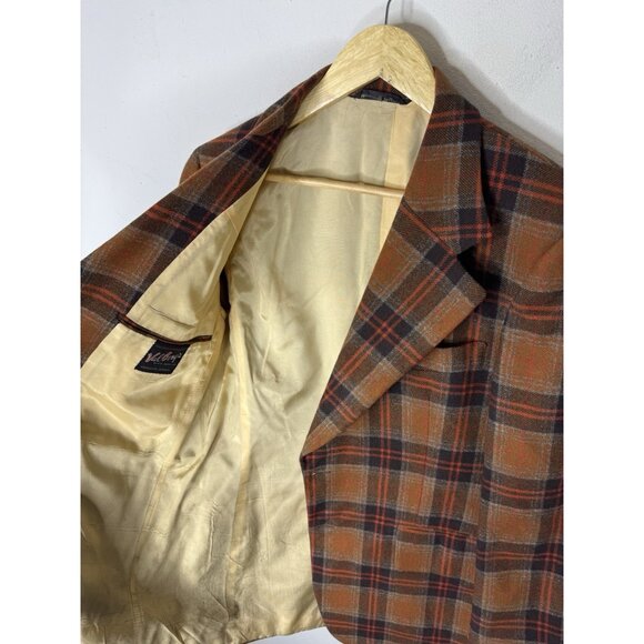 Vintage Country Squire Plaid Wool Sport Coat Men 40 Brown Orange Check 70s - Picture 7 of 8